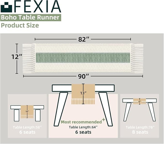 FEXIA Sage Green Table Runner 90 Inches Long with Tassels Boho for Summer Home Decor Rustic Macrame Farmhouse Table Cover for Wedding Party Bohemian Bridal Shower Dining Decorations(12x90 Inches)