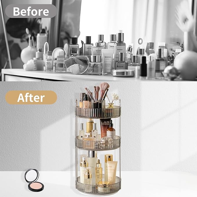 Asayuee 360 Rotating Makeup Organizer,3 Tier Large Capacity Make Up Organizers and Storage,Skincare Perfume Vanity Organizers,Bathroom Cosmetics Storage Organizer Countertop(Grey)