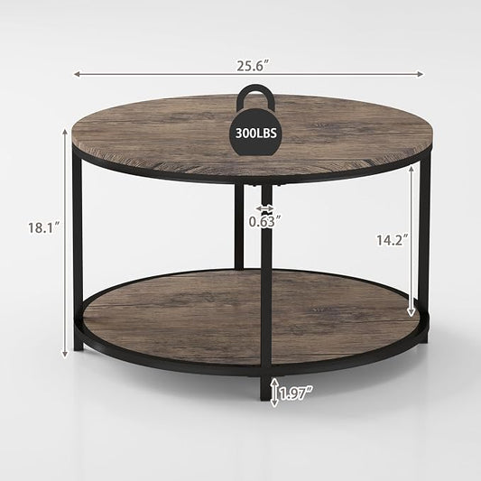 NSdirect Round Coffee Table, 25.6" Small Coffee Table for Living Room,2-Tier Rustic Wood Desktop with Storage Shelf Modern Design Home Furniture(Light Walnut)