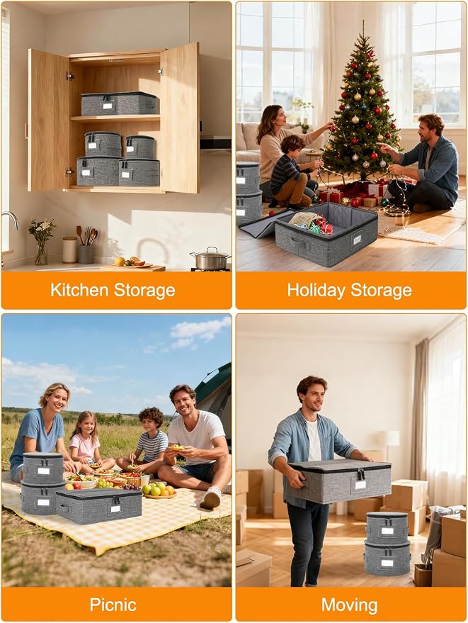 punemi China Storage Containers 5-Piece Set w/Hard Shell Sides & Bottom, Quilted Stackable Plate & Dish Storage Protectors, Adjustable Mug and Cup Storage Organizer for Moving and Dinnerware storage