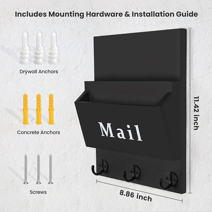 Mail and Key Holder - Decorative 8.86" x 11.42" Wall Key Hanger with 2 Mail Organizer Slots and 3 Hooks - Real Paulownia Wood with Keyhole Brackets, Hardware and Instructions (Black)