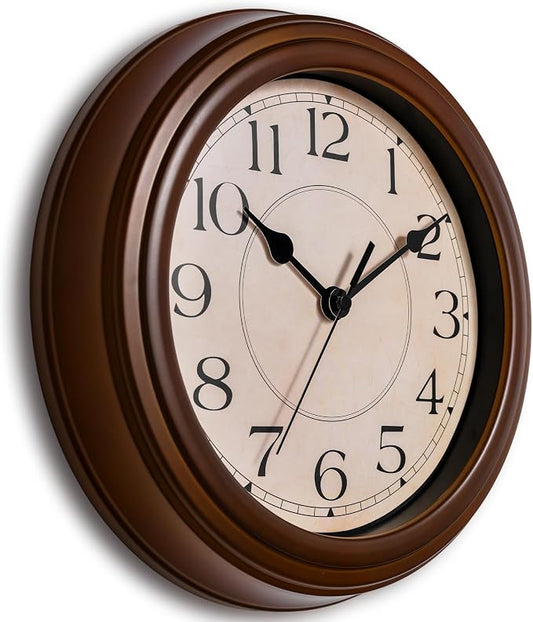 KECYET Wall Clock, 9 Inch Silent Battery Operated Non-Ticking Wall Clock Classic Decorative for Living Room, Kitchen,Office, Bedrooms(Brown)