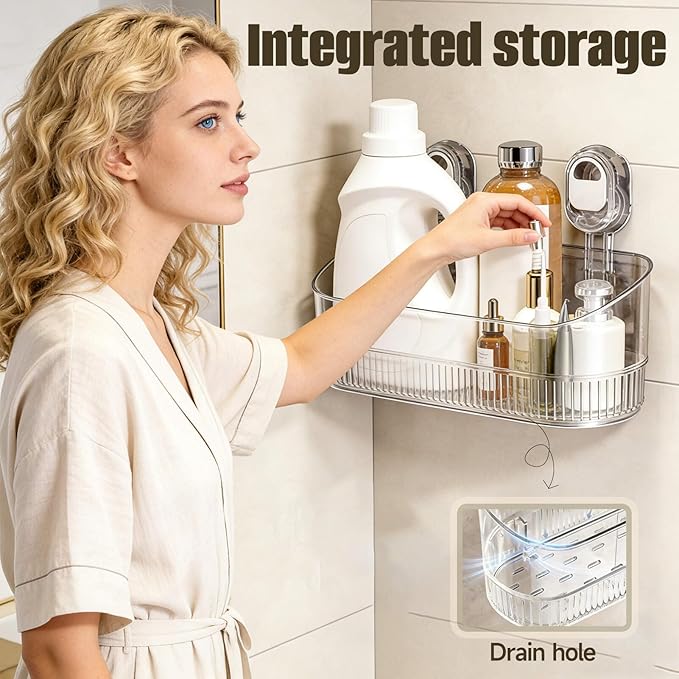 No-Drill Bathroom Suction Storage Box, Large Capacity Suction Cup Shower Shelf and Removable No Drill Storage Basket with Drain Holes, Strong Hold Wall Organizer for Bathroom Shower Kitchen Sink