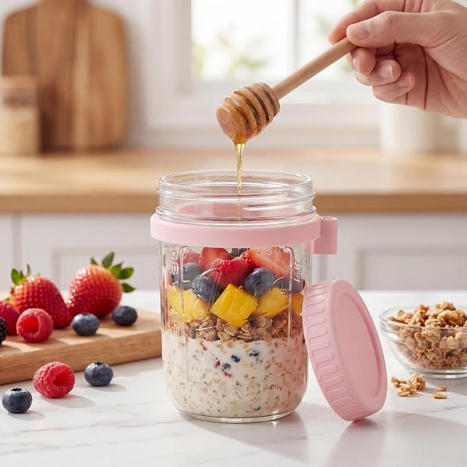 HomArtist 16oz Overnight Oats Containers with Lids and Spoons, 6 Pack Wide Mouth Mason Jars with Airtight Lids, Overnight Oats Jars for Salad, Chia Seed, Cereal, Yogurt
