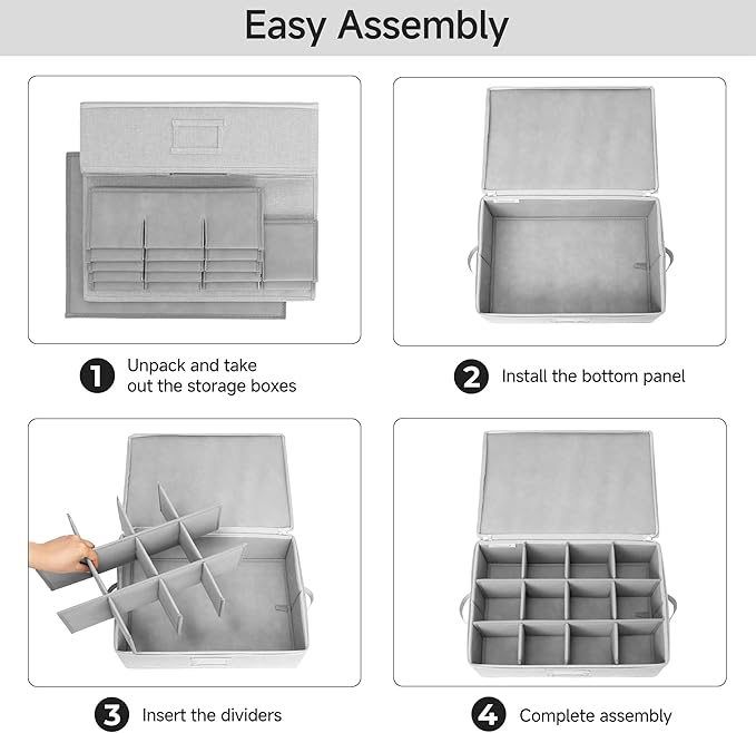 StorageWorks China Storage Container, Stackable Mug Storage Box with Dividers, Stemware Storage Cases, Hard Shell China Cup Organizer, Holds 12 Tea Cups and Coffee Mug, 2 Pack, Light Gray