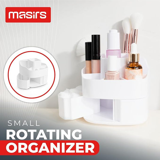 Masirs 360° Rotating Makeup Organizer – Small Acrylic Cosmetic Storage Caddy, 5 Compartments, Mini Lazy Susan for Vanity, Bathroom, Skincare, Brushes & Lipsticks, Square White