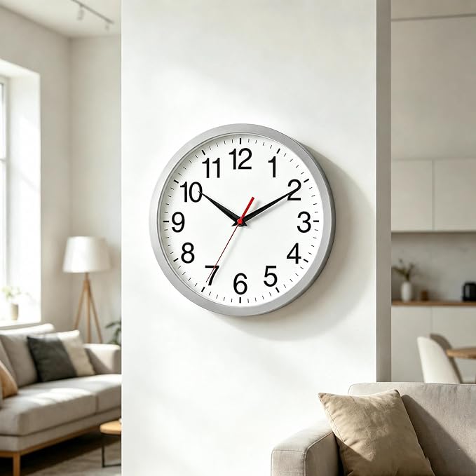 Rohioue Wall Clock Modern 10 Inch Battery Operated Silent Non Ticking Analog Clock Decorative for Bedroom Kitchen Bathroom Office Home Living Room (Silver)
