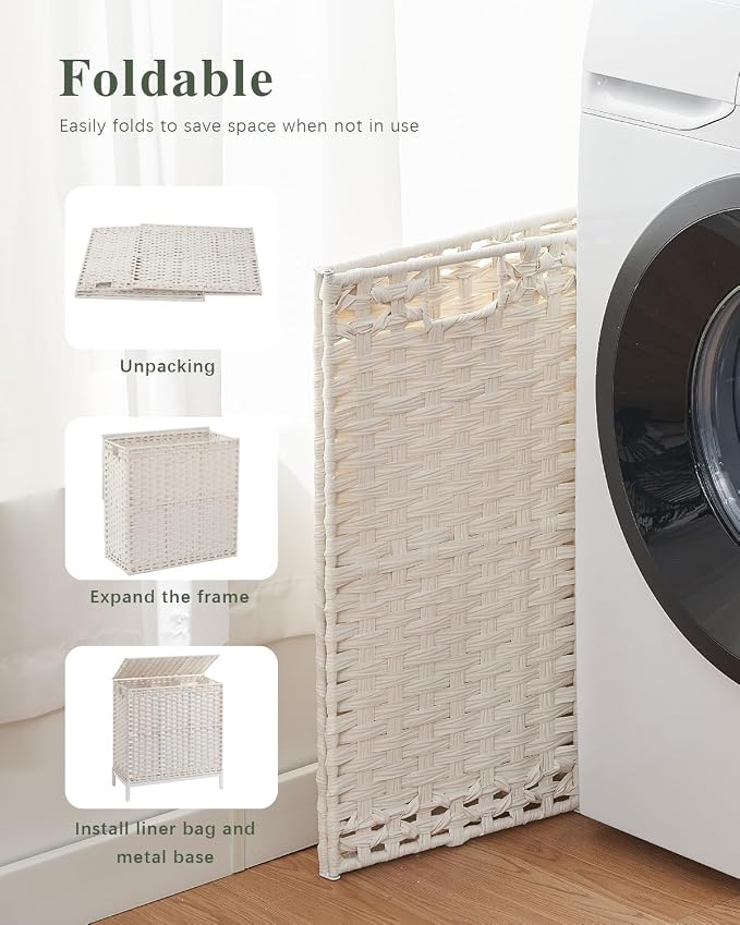 SETVSON Laundry Hamper with Lid 132 L, (35 Gallons) Clothes Hamper with Lid, Handwoven Rattan Laundry Hamper with Metal Heightened Feet, Laundry Hampers with 3 Removable Liner Bags for Laundry-White