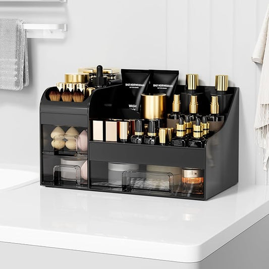 Large Makeup Organizer for Vanity,Countertop Organizer with Drawers and Brush Holder,Men’s Cologne Organizer for Bathroom,Cosmetic Skin Storage for Lipsticks,Nail Polish & Shaving Lotion,Black