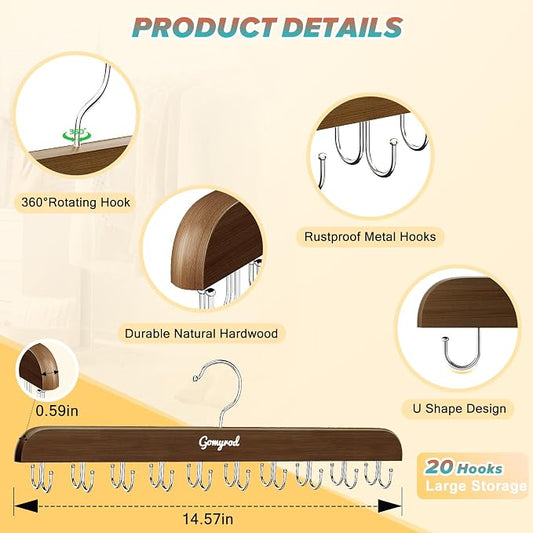 Gomyrod Bra Hanger for Closet, 2 Pack Tank Top Hangers w/20 Hooks Holds 40 Bras, Capacity Foldable Wood Space Saving Hanger, 360°Rotating Closet Organizers and Storage for Dorm & Apartment(Brown)
