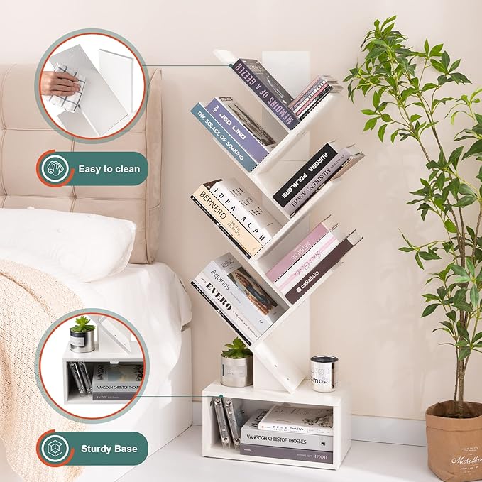 Yoobure Tree Bookshelf, 6 Tier Small Book Shelf Retro Floor Standing Bookcase, Wood Book Storage Organizer Rack, Tall Narrow Bookshelves for Corner/Bedroom/Living Room/Home Office, White
