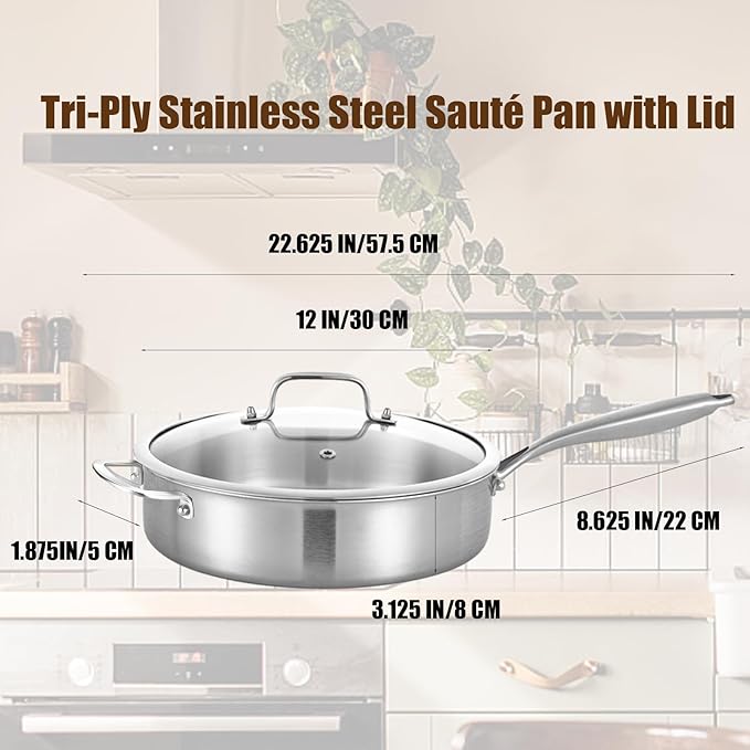 LOLYKITCH 6 QT Tri-Ply Stainless Steel Sauté Pan with Lid,Deep Frying Pan,Large Skillet,Jumbo Cooker,Induction Cooking Pan,Oven Safe and Detachable Handle.