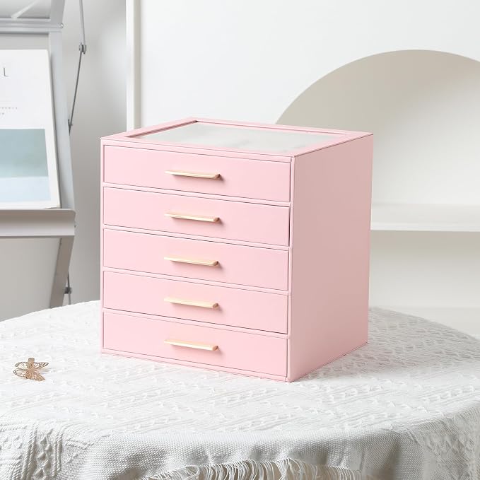 Frebeauty Clear Lid Jewelry Box,5-Layer Jewelry Organizer with Drawer,PU Leather Jewelry Organizers and Storage,Jewelry Boxes for Women,Jewelry Storage for Rings Earring Stud,Gift for Women(Pink)