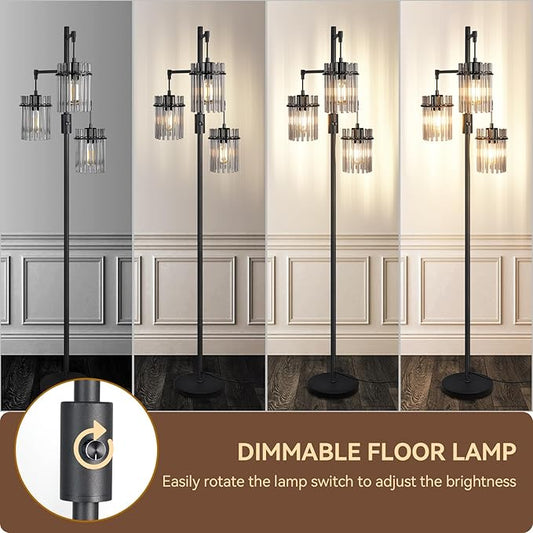 Industrial Modern Floor Lamps for Living Room, Dimmable Glass Tree Standing Tall Lamps with 3 Elegant Teardrop Cage Head & 1200 Lumens LED Bulbs for Bedroom Office (66inch Tall)
