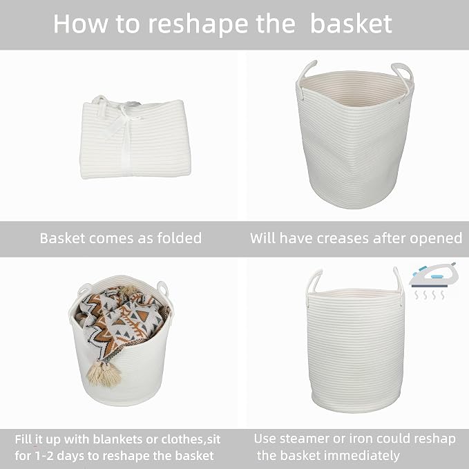 XUANGUO Cotton Rope Laundry Basket Hamper for Clothes Woven Storage Basket for Living Room Bedroom Boho Tall Rope Baskets for Blanket Toys Pillow Towels Baby Nursery Hamper Bin Large white