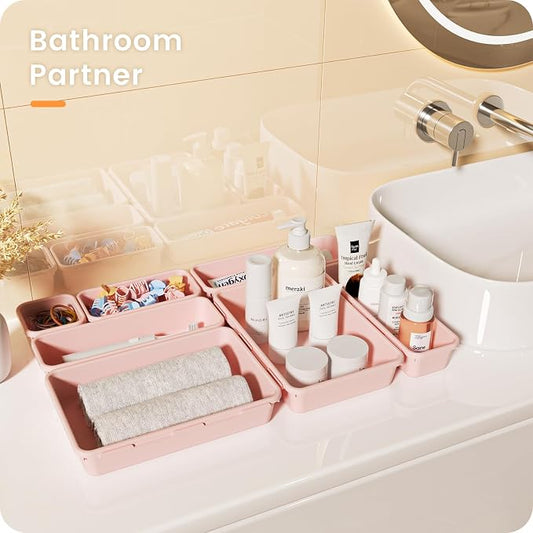 A-LuGei 【Military Grade Drawer Organizer, 【𝟱𝗦𝗶𝘇𝗲】 Makeup organizer, 【Holds 177 Items】 Bathroom Organizers and Storage, Organization and Storage, Desk Drawer Organizer for Vanity (Pink)