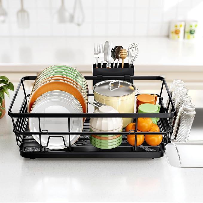 TOOLF Dish Drying Rack, Dish Racks for Kitchen Counter, Stainless Steel Sink Organization and Storage Essentials with Cutlery Holder, Dish Drainer, Home and Appartment Decor, 12.4''W x 16.5''L, Black