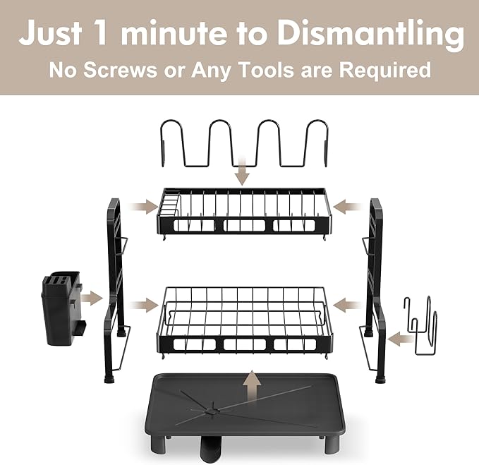 BOOSINY Dish Drying Rack, 2 Tier Large Stainless Steel Black Dish Rack with Drainboard Set for Kitchen Counter, Space Saving Plates Drainer Rack with Cups Holder & Utensil Holder, Dish Strainer Holder
