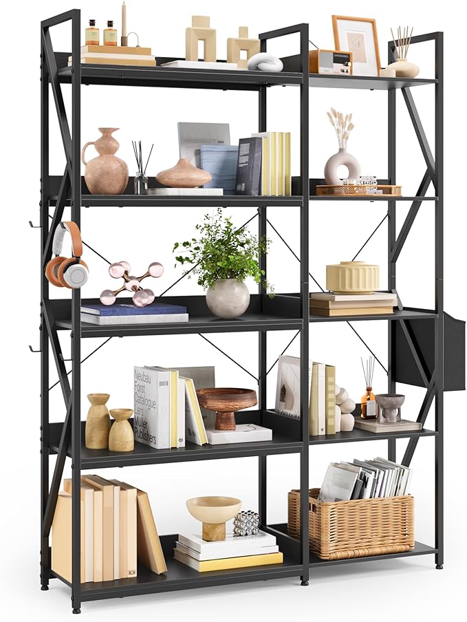Gizoon 65" H Bookshelf, Reversible Corner Bookshelf, 5 Tier Industrial Bookcase, with 4 Hooks, Metal Frame and Wooden Board, Freestanding Display Shelf for Living Room, Kitchen, Home Office, Black