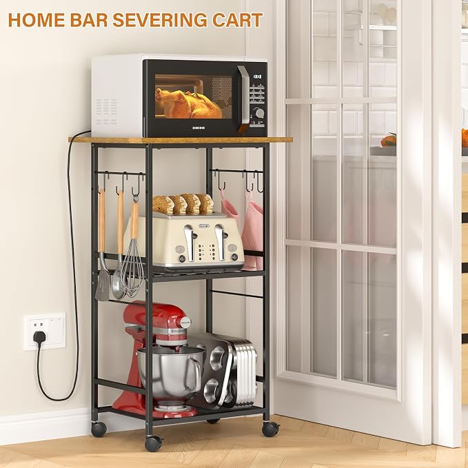 ThreeHio Rolling Kitchen Microwave Cart, 3 Tier Microwave Table Stand with Adjustable Shelf, Kitchen Storage Rack on Wheels, Coffee Station Cart Rack Shelf Organizer for Living Room Office, Balcony