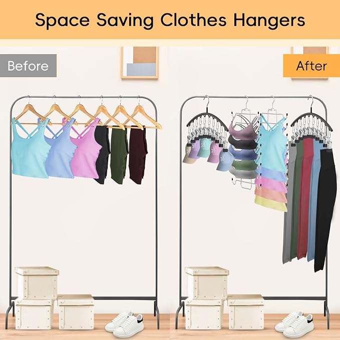 TomCare 4 Pack Space Saving Hangers,2Pack Tank Top Hanger and 2Pack Leggings Organizers for Closet Pants Hangers with 20 Clips Bra Organizers with 16 Hooks Stainless Steel Hanging Closet Organizer