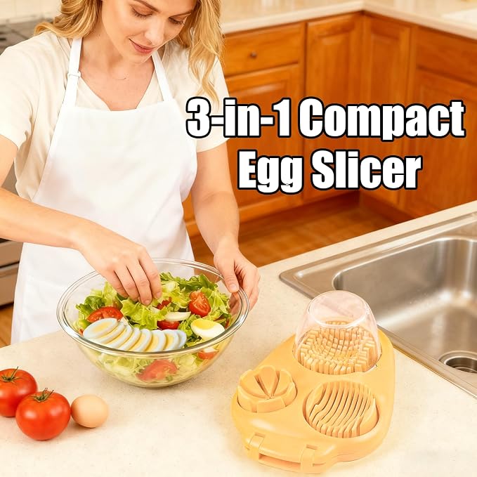 3 In 1 Egg Slicer for Hard Boiled Eggs with Cleaning Brush, Multipurpose 3-Way Cutter with 3 Slice Modes, Heavy Duty, Hard Boiled Egg Cutter & Fruit Slicer, Dishwasher Safe (Yellow)