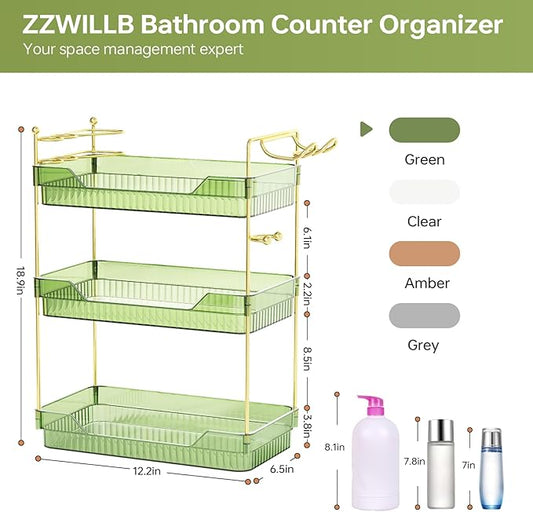 Bathroom Counter Organizer with Hair Dryer Holder and Toothbrush Holder, Acrylic Vanity Tray for Skincare, Perfume, Makeup Storage on Countertop & Dresser (Green, 3-Tier)