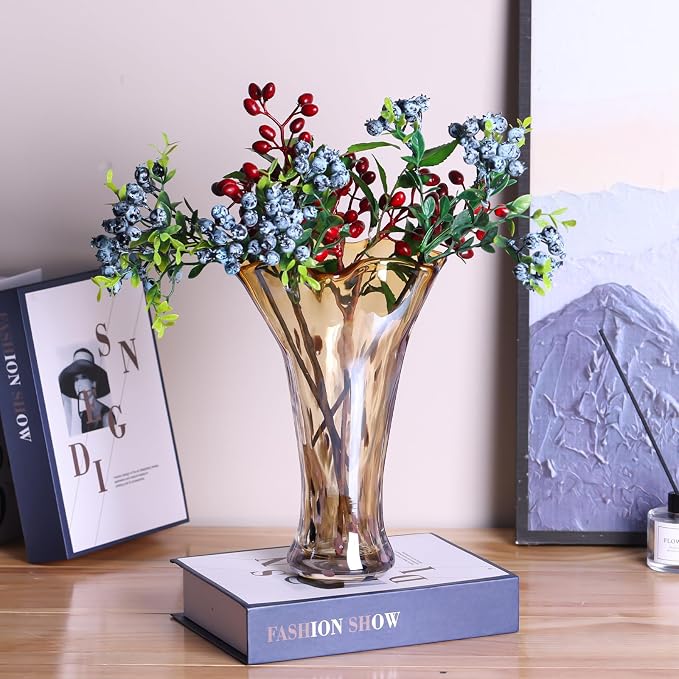 9.0"H Amber Glass Vases for Flowers, Unique Hand Blown Glass Vase Amber Gold Home Decor, Wide Mouth Colorful Flower Vase Centerpieces, For Living Room Table Bookshelf, Bathroom Office Shelf Decorative