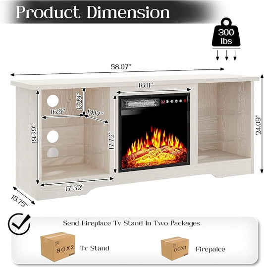 VITESSE 58 Inches Fireplace TV Stand for TVs up to 65 Inches Console with 18'' Electric Fireplace & Remote,Wooden Modern Entertainment Center for Living Room with LED Light Glass Shelves(Bei)