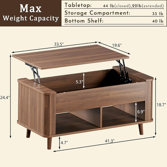 Lift Top Coffee Table with Storage, 41" Mid Century Modern Coffee Table with Fluted & Curved Profile Design, Hidden Storage Compartment, Lower Shelf Center Table for Living Room Office, Walnut
