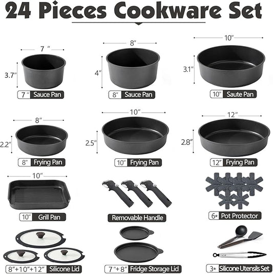 SENSARTE 24 Piece Pots and Pans Set, Nonstick Detachable Handle Cookware, Induction Kitchen Cookware Set with Removable Handle, Healthy Non Stick for RV, Dishwasher&Oven Safe (Black)