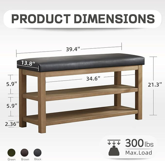 Shoe Rack Bench with Leather Cushion, 2 Tier Solid Wood Storage Bench, Mid-Century Modern Shoe Bench for Entryway, Hallway, Closet, Front Door Entrance, Foyer (Black, 39.4")
