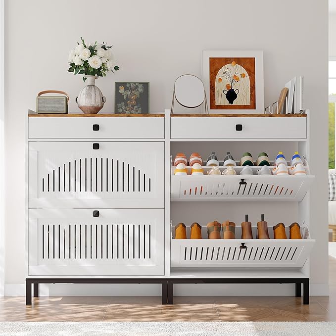Garvee 2 Flip Drawer Shoe Cabinet with Adjustable Shelves, Hidden Shoe Organizer with Top Drawer, Freestanding Wooden Shoe Rack for Entryway, Hallway, Living Room, White