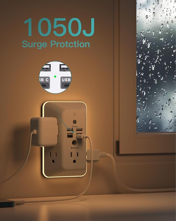 Surge Protector, Outlet Extender with Night Light, Addtam 5-Outlet Splitter and 4 USB Ports(2 USB C), USB Wall Charger Power Strip, Multi Plug Outlet for Home, Office, School, ETL Listed