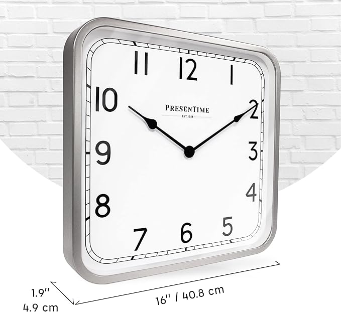 Presentime & Co 16" Anton Vintage Square Clock, Silent No Ticking, Wall & Mantel 2 in 1 Clock, Desk and Shelf Clock, Tabletop Décor, Modern Silver Color