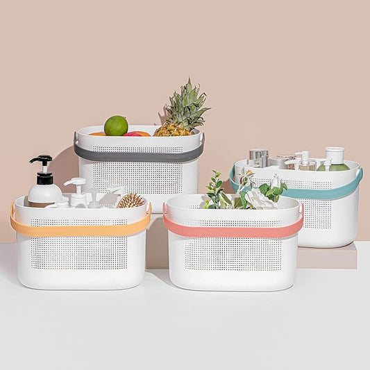 UUJOLY Plastic Storage Baskets with Handles, Shower Caddy Shelf Organizers Basket for Bathroom, Kitchen, Dorm Room, Grey