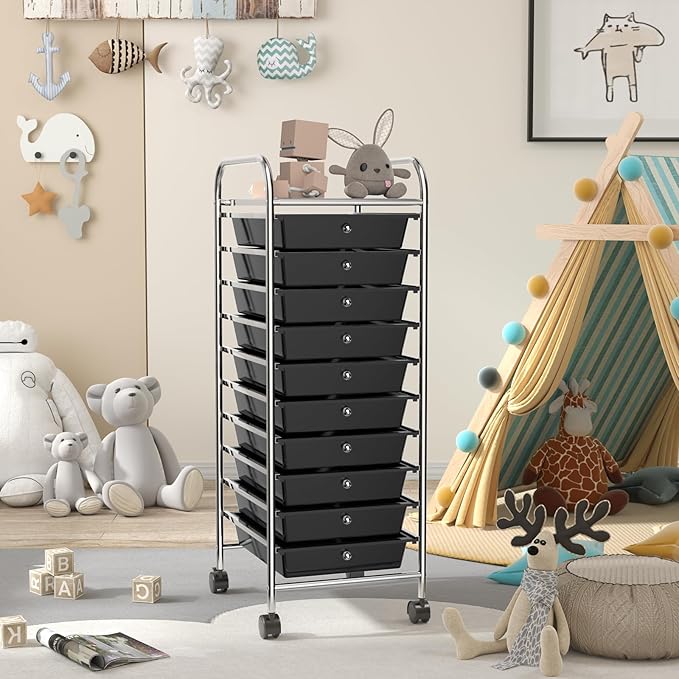 OFFICEJOY Storage Cart, Rolling Utility Cart with 10 Drawers, Portable Handles & Lockable Wheels, Mobile Paper Toys Storage Organizer Large Capacity for Home Office School Teacher (Black)