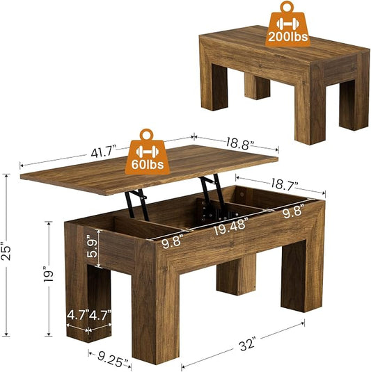 FABATO 41.7'' Lift Top Coffee Table, Wooden Rectangle Coffee Table with Hidden Storage, Large Center Table Adjustable Height Sofa Table for Living Room Office Apartment, Brown