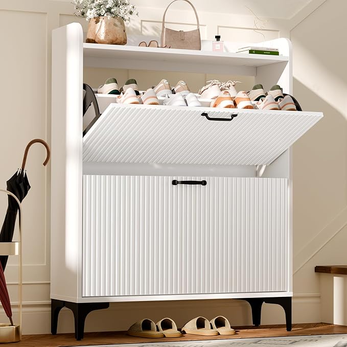 HIFYOBRO Fluted Shoe Cabinet with 2 Flip Drawers, Hidden Shoes Storage Cabinet, Modern Shoe Rack Organizer, Freestanding Narrow Shoes Organizer for Hallway, Entryway (White)