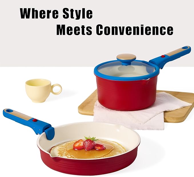CAROTE 5Pcs Titanium Cookware Set, Pots and Pans Set Non Stick, Kitchen Cooking Set with Detachable Handle, Non Toxic Induction Cookware, Dishwasher/Oven Safe,Memphis Design