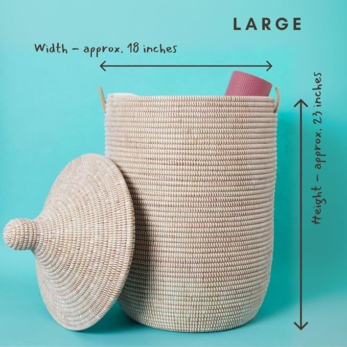 Wicker Basket, Storage & Organization, Home Decor, Laundry Hamper Bedroom, Baby Nursery Toys Bin, Blankets Storage Living Room, Bathroom Towels Holder, Woven, Round, Lid, Handles, White, Small