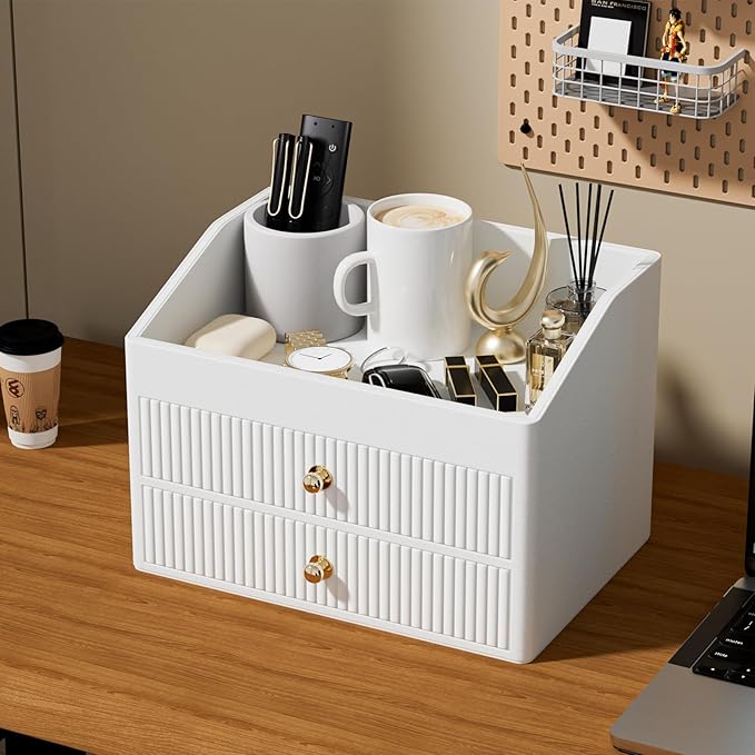 Desk Organizer,Beige White Vegan Leather Desk Accessories & Workspace Organizers with 2 Drawers & Tray,Key Holder with Gold-Tone Metal Accents knob,Jewelry Box,Nightstand
