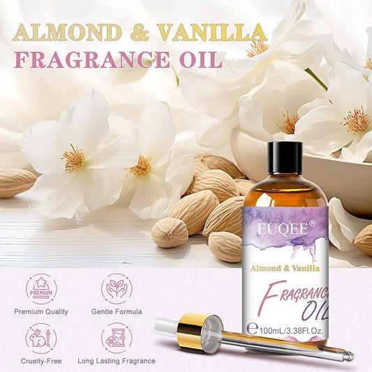 EUQEE Almond & Vanilla Fragrance Oil, 3.38 Fl oz/ 100ml Essential Oils for Diffuser for Home, Candle Making, DIY Soap with Glass Dropper