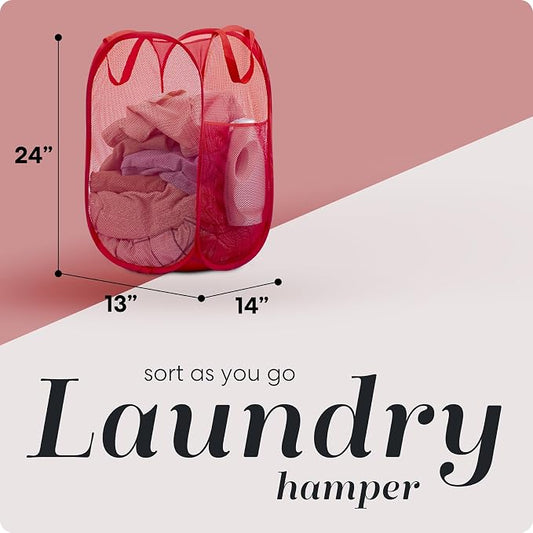 Handy Laundry Collapsible Mesh Pop Up Laundry Hamper 2-Pack – Space-Saving, Breathable Basket with Wide Opening & Side Pocket, Durable & Foldable for Clothes, Storage, Travel, Dorm, Red