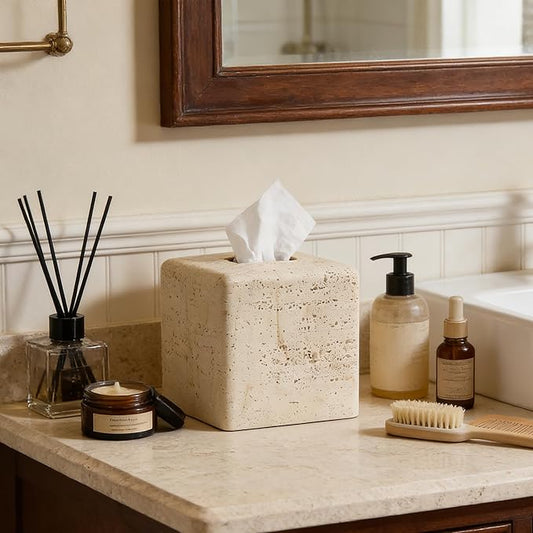 Natural Travertine Textures Tissue Box Cover Square for Home Decor,Resin Heavy Tissue Box Holder for Bathroom Countertop,Tabletop,Bedside Table,Office (Handmade of Resin)