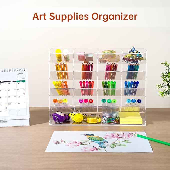 BEYGORM Acrylic Vertical Marker Organizer for 200 Markers with 17 Compartments, Clear Angled Pen & Pencil Holder, Large Desk Stationery & Art Supply Storage for Office & School (13 x 10.2 x 4 Inch)