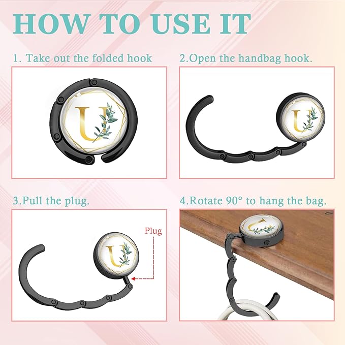 Gold Initial Foldable Purse Hook Gifts, Eucalyptus Letter Handbag Hanger, Women's Bag Hanger Holder, Round Purse Table Hook, Funny Desk Decor Gifts for Women Coworker Friend (Eucalyptus U)
