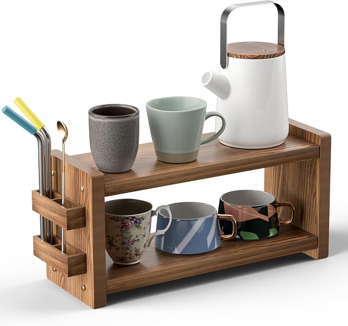 Solid Wood Coffee and Matcha Station Organizer - Farmhouse 2 Tier Shelf with Straw Holder for Matcha, Pods, Sugar, Tea, Cups, Stirrers, Mugs Storage for Home Kitchen Countertop