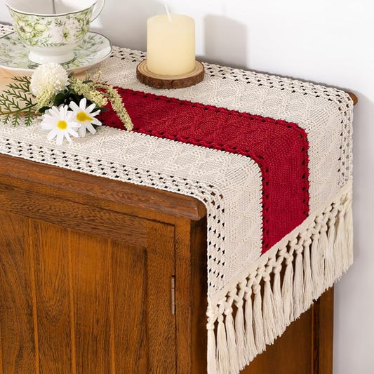 Socomi Boho Table Runner Valentine's Day Farmhouse Rustic Dining Kitchen Centerpiece Decor Small Macrame Woven Cotton Linen Coffee Table Runner for Dresser Scarf Home Decor 12x60 in Red Ivory
