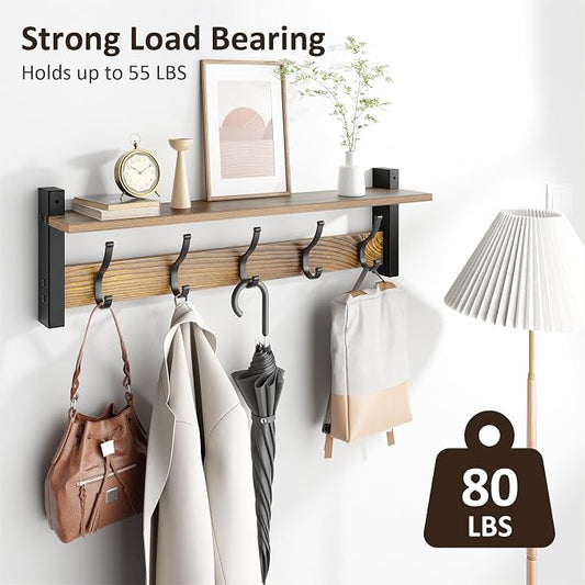 Optish Coat Rack Wall Mount with Shelf, 24 Inch Coat Hanger Walls Mounted, Hat Rack for Walls, Shelf with 5 Coat Hooks, Wall Hanger for Entryway (Brown)
